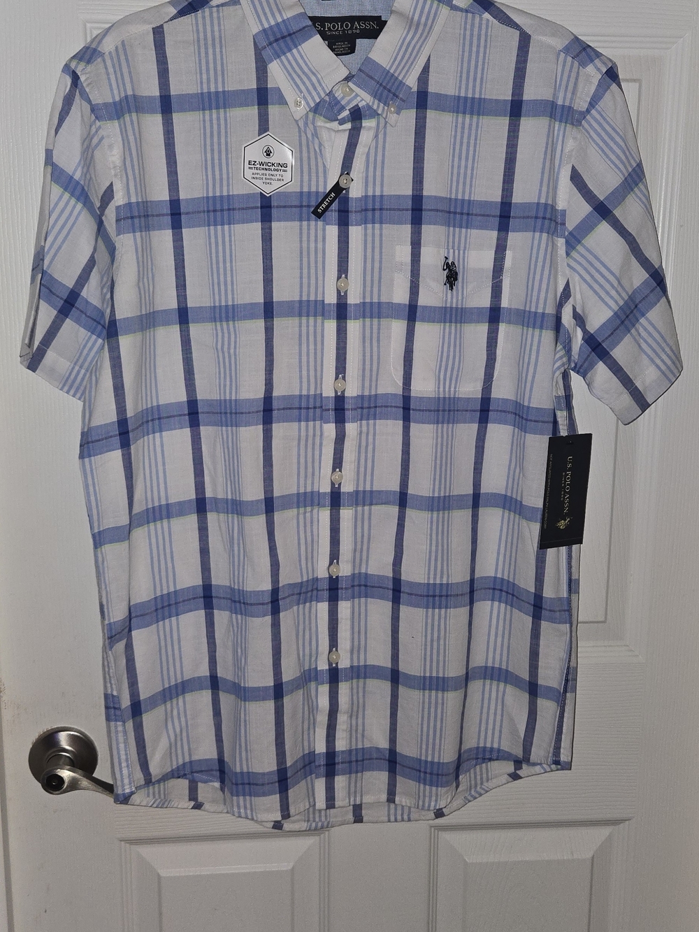 U.S. Polo Assn. White and Blue Plaid Short-Sleeve Button-Down Shirt